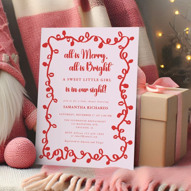 Invitación Christmas Girl blush pink red lights baby shower (Subido por el creador)
