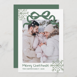 Invitación Christmas Green Bow snowflakes Photo card 