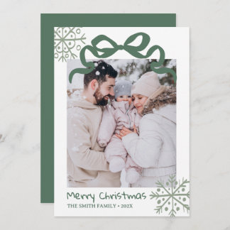 Invitación Christmas Green Bow snowflakes Photo card