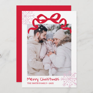 Invitación Christmas Green Bow snowflakes Photo card