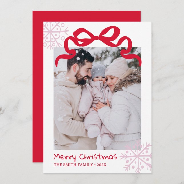 Invitación Christmas Green Bow snowflakes Photo card  (Anverso / Reverso)