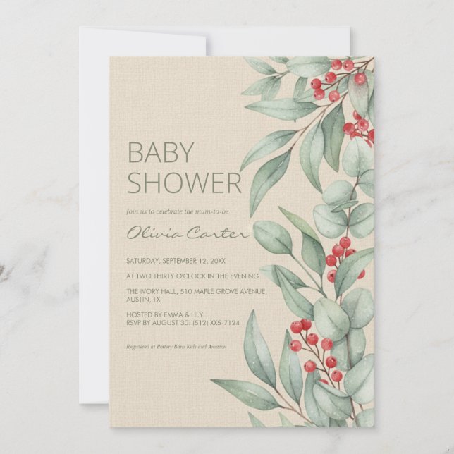 Invitación Christmas Greenery Berry Winter Baby Shower (Anverso)