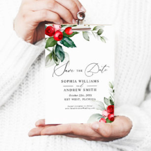 Invitación Christmas Greenery & Red Berries Save the Date