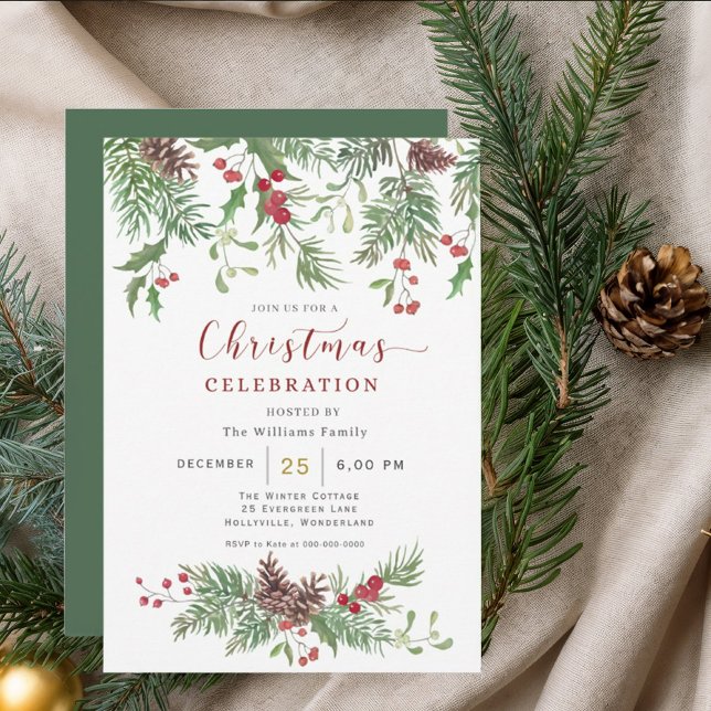 Invitación Christmas Greenery Watercolor Celebration Invitati (Subido por el creador)