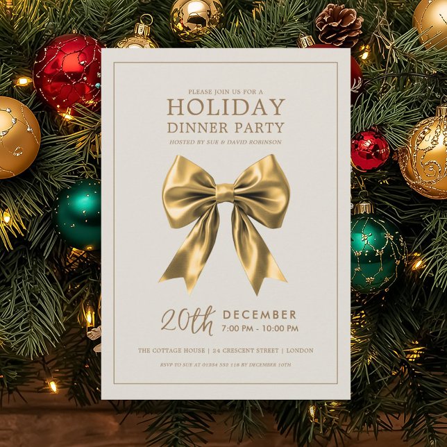 Invitación Christmas Holiday Dinner Party Gold Satin Bow (Christmas Holiday Dinner Party Gold Satin Bow Invitation)