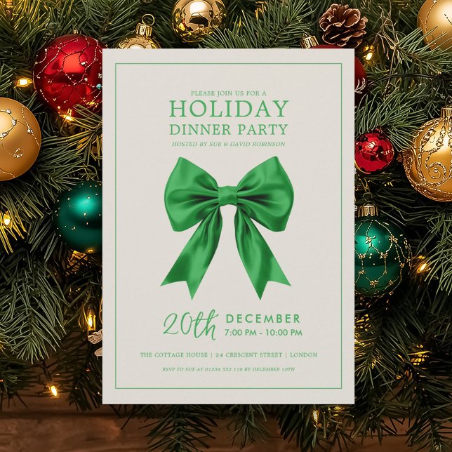 Invitación Christmas Holiday Dinner Party Green Satin Bow (Christmas Holiday Dinner Party Green Satin Bow Invitation)
