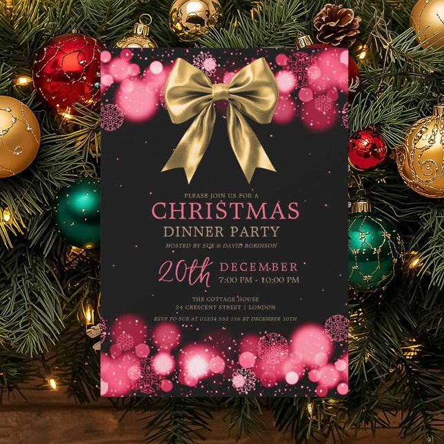 Invitación Christmas Holiday Dinner Party Winter Gold Bow Red (Christmas Holiday Dinner Party Winter Gold Bow Red Invitation)