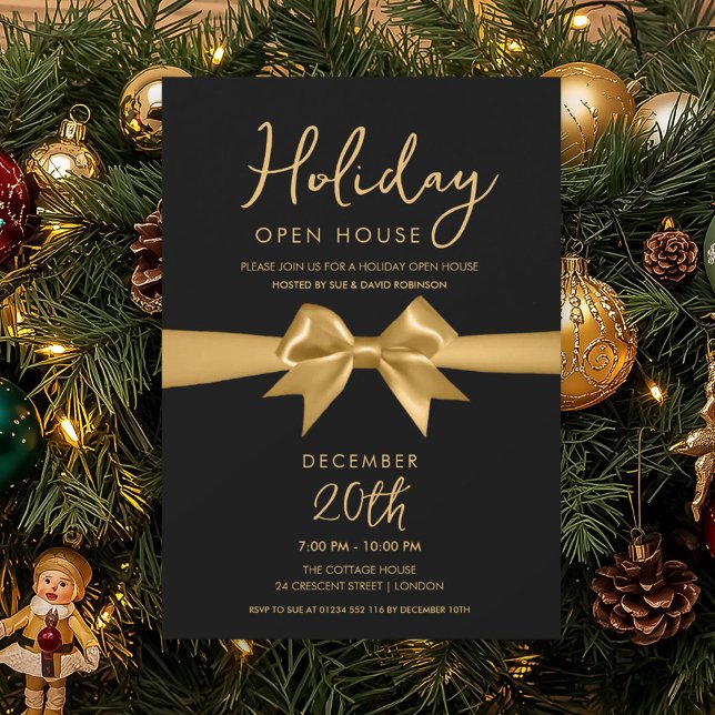 Invitación Christmas Holiday Open House Gold Bow Black (Christmas Holiday Open House Gold Bow Black Invitation)