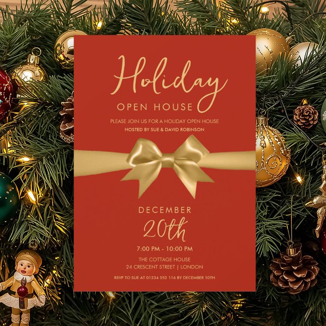 Invitación Christmas Holiday Open House Gold Bow Red  (Christmas Holiday Open House Gold Bow Red Invitation)