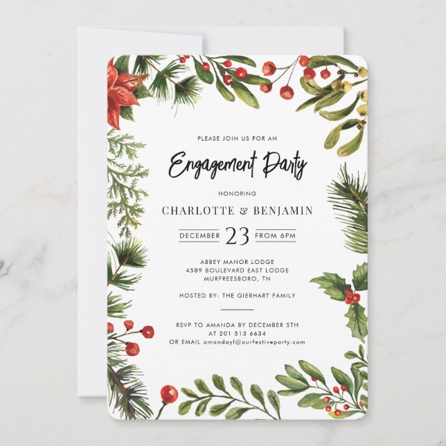 Invitación Christmas Holiday Red Berries Engagement Party (Anverso)