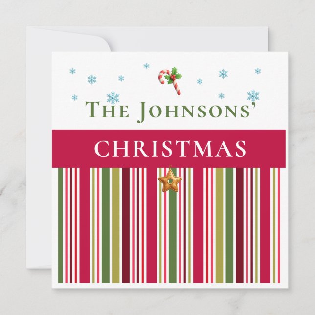 Invitación Christmas Holidays - Red, Green & Gold Stripes (Anverso)