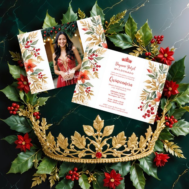 Invitación Christmas Holly Sweet Floral Spanish Photo Mis XV (Christmas Inspirations Holly Sweet Floral Spanish Photo Mis XV Invitations Cards. )