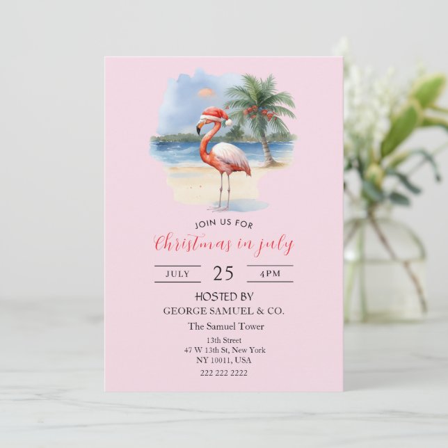 Invitación Christmas in July Custom Company Name Flamingo (Anverso de pie)