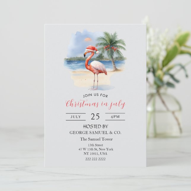 Invitación Christmas in July Custom Company Name Flamingo (Anverso de pie)