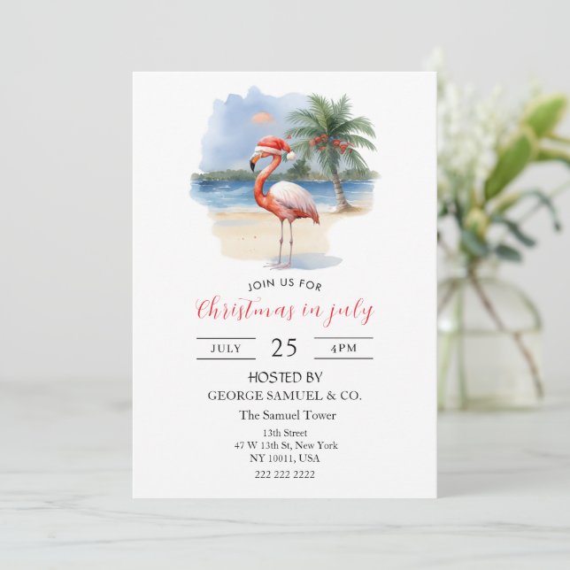 Invitación Christmas in July Custom Company Name Flamingo (Anverso de pie)