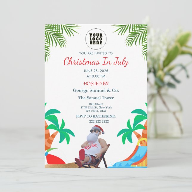 Invitación Christmas in July | Custom Company Name & Logo (Anverso de pie)