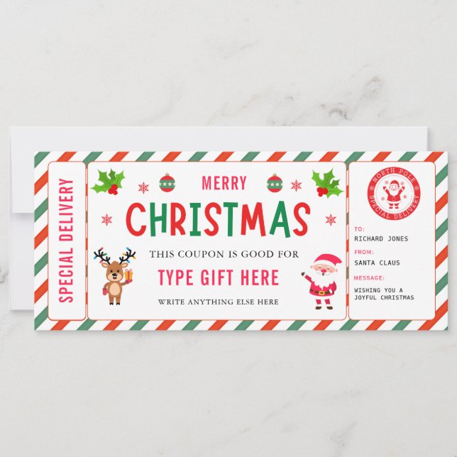 Invitación Christmas Kids Coupon Certificate Rudolph Santa (Anverso)