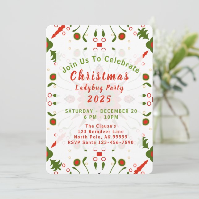 Invitación Christmas Ladybug Party Red White Green (Anverso de pie)
