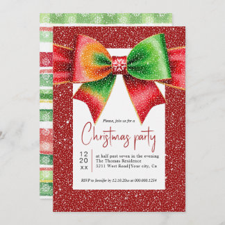 Invitación Christmas large red and green bow holiday party