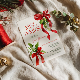 Invitación Christmas Mistletoe Red Bow Miss to Mrs Bridal
