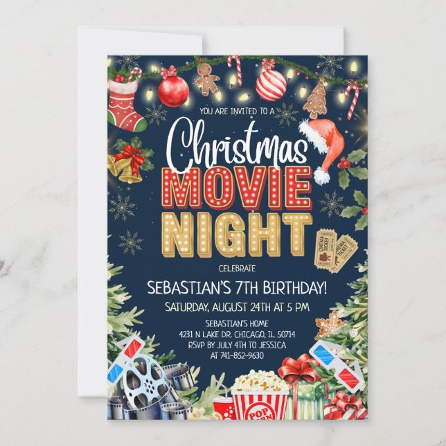 Invitación Christmas Movie Night Birthday (Anverso)