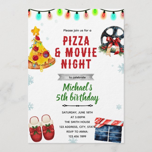 Invitación Christmas Movie Pizza and Pajama Party Invitation (Anverso)