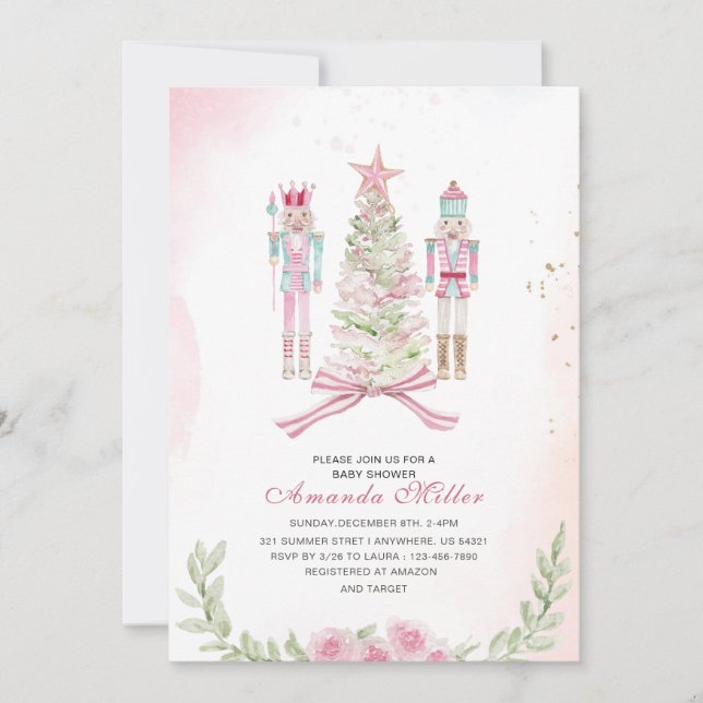 Invitación Christmas Nutcracker Ballet Pink watercolor baby s (Anverso)