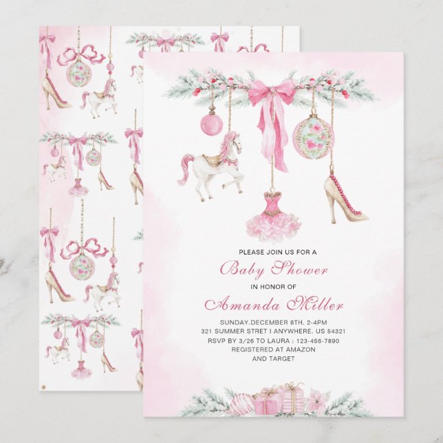 Invitación Christmas Nutcracker Ballet Pink watercolor baby s (Anverso / Reverso)