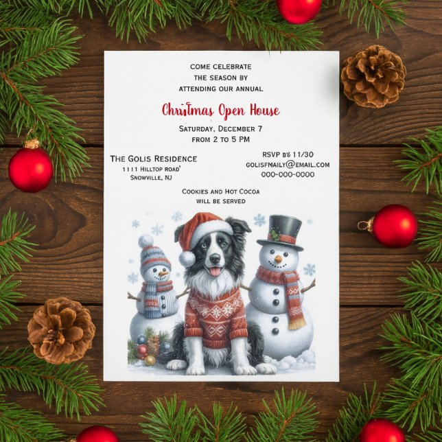 Invitación Christmas Open House with Border Collie & Snowman  (	Border Collie Christmas open house invitation with snowman friends)