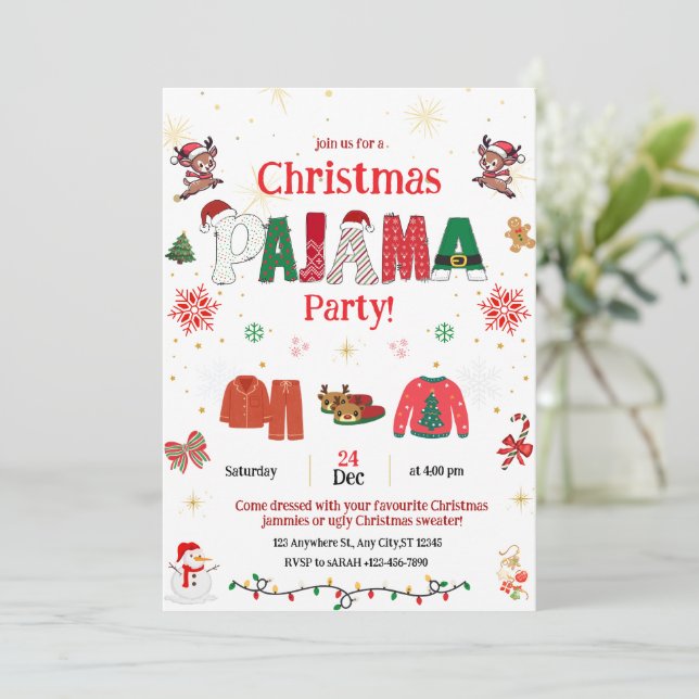 Invitación christmas pajama Party Invite for kids  (Anverso de pie)