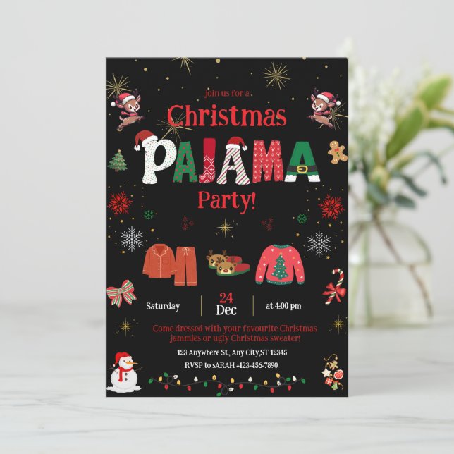 Invitación christmas pajama Party Invite for kids  (Anverso de pie)