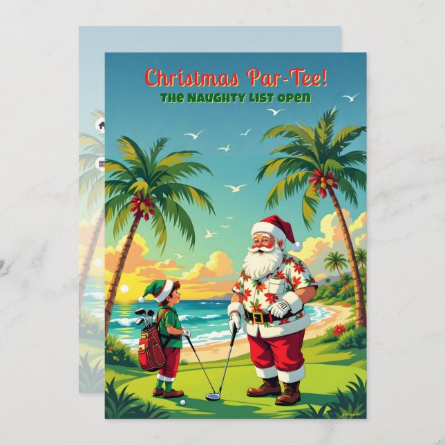 Invitación Christmas Par-Tee Funny Tropical Golf Santa Party (Anverso / Reverso)