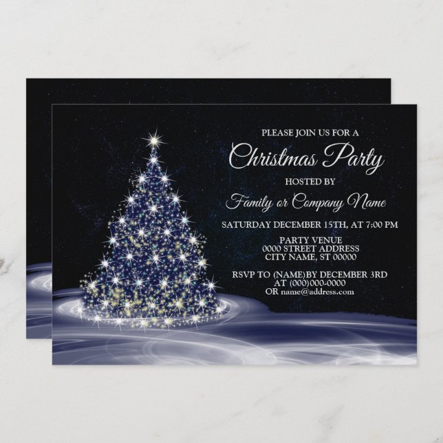 Invitación Christmas Party Blue Shiny Tree Winter Navy (Anverso / Reverso)