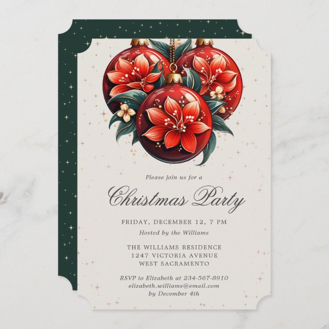Invitación Christmas Party Botanical Ornaments (Anverso / Reverso)