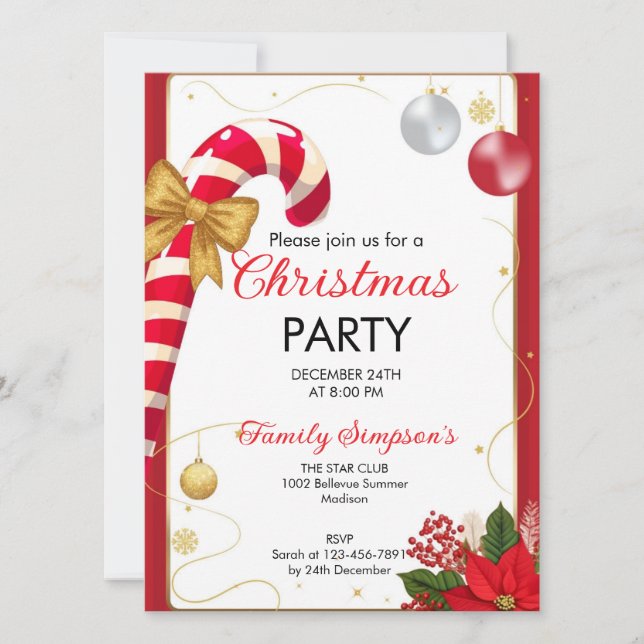 Invitación Christmas Party Candy Cane (Anverso)