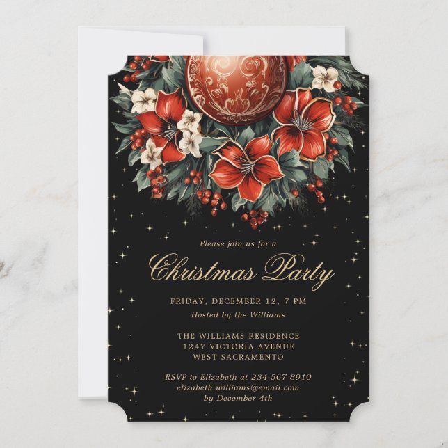 Invitación Christmas Party Elegant Black Gold Botanical (Anverso)