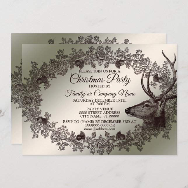 Invitación Christmas Party Floral Reindeer Golden Winter (Anverso / Reverso)