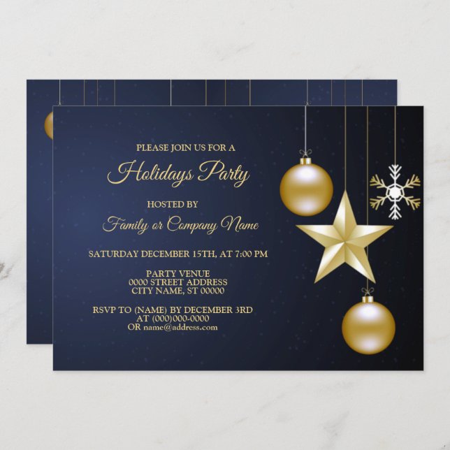 Invitación Christmas Party Golden Ornaments Navy Blue Elegant (Anverso / Reverso)