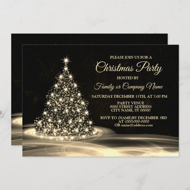 Invitación Christmas Party Golden Shiny Tree Winter Black (Anverso / Reverso)