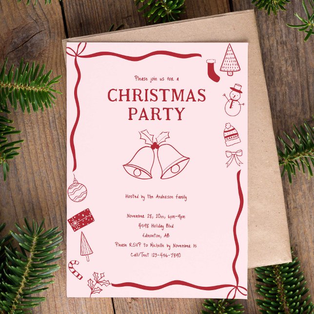 Invitación Christmas Party Hand Drawn Holiday Red Coquette (Subido por el creador)
