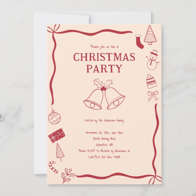 Invitación Christmas Party Hand Drawn Holiday Red Coquette (Anverso)