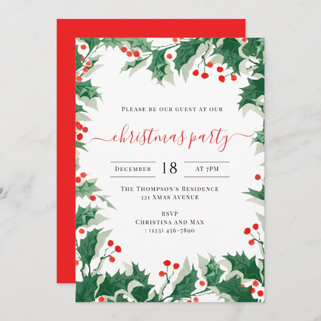 Invitación Christmas Party Holiday Watercolor Holly Berries (Anverso / Reverso)