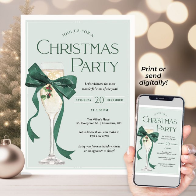 Invitación Christmas Party Invitation with Green Bow (Set the tone for a stylish holiday gathering with this elegant Christmas Party invitation. A classic)