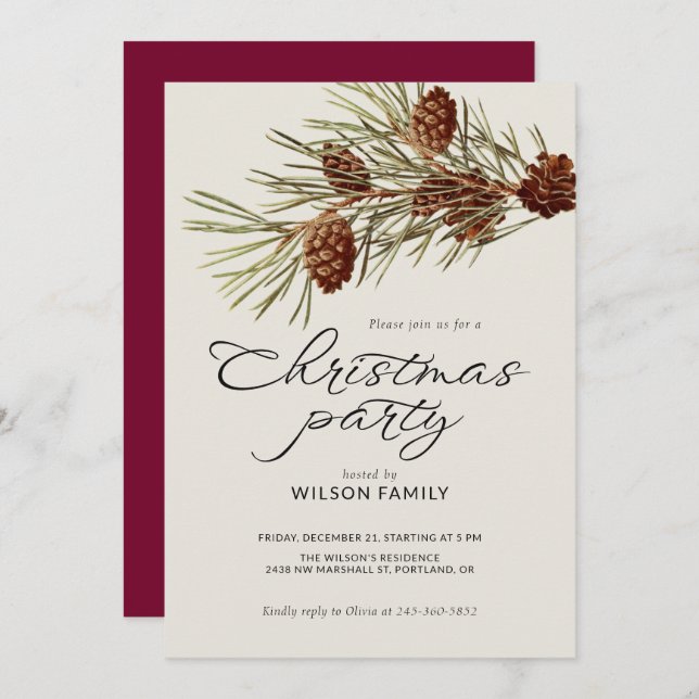 Invitación Christmas Party Pine Branch Modern Script Holiday (Anverso / Reverso)