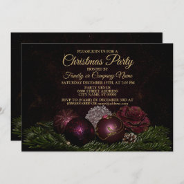 Invitación Christmas Party Pink Ornaments Green Leaves Black