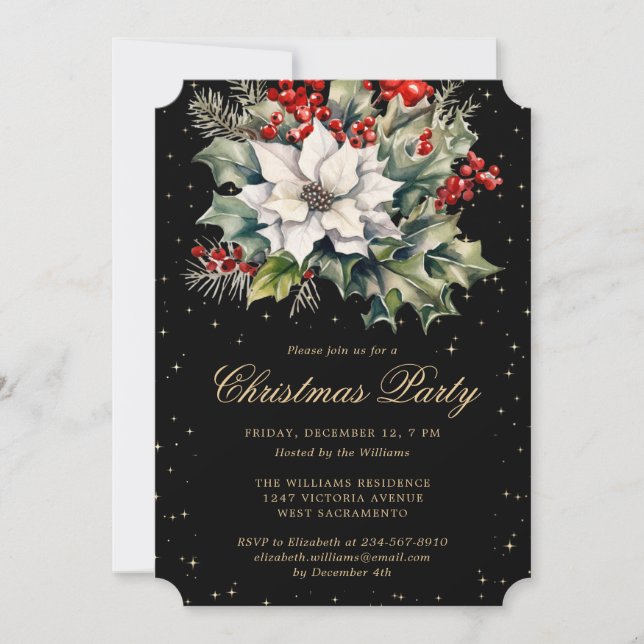 Invitación Christmas Party Poinsettia Holly Red Berries Black (Anverso)
