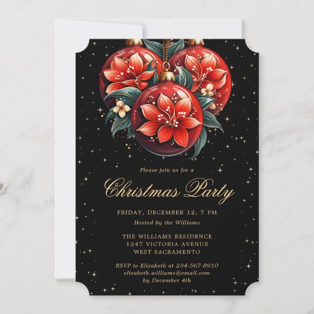 Invitación Christmas Party Red Botanical Ornaments Black (Anverso)