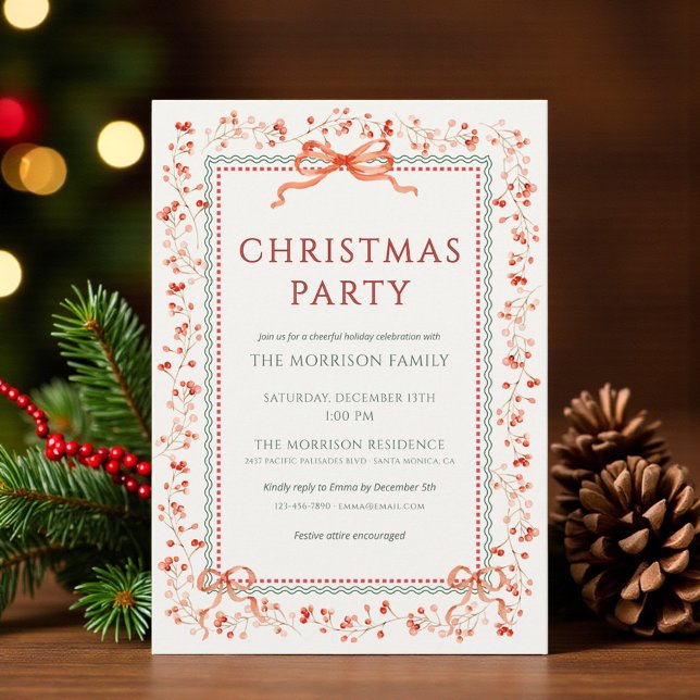 Invitación Christmas Party Red Bow Botanical Holiday (Subido por el creador)