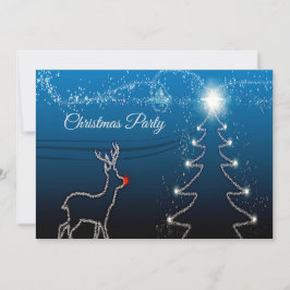 Invitación Christmas Party Reindeer Tree Blue Sky Shiny Stars