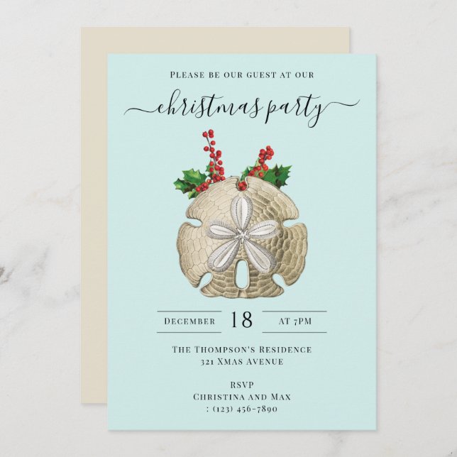Invitación Christmas Party Sand Dollar Holly Berries Coastal  (Anverso / Reverso)